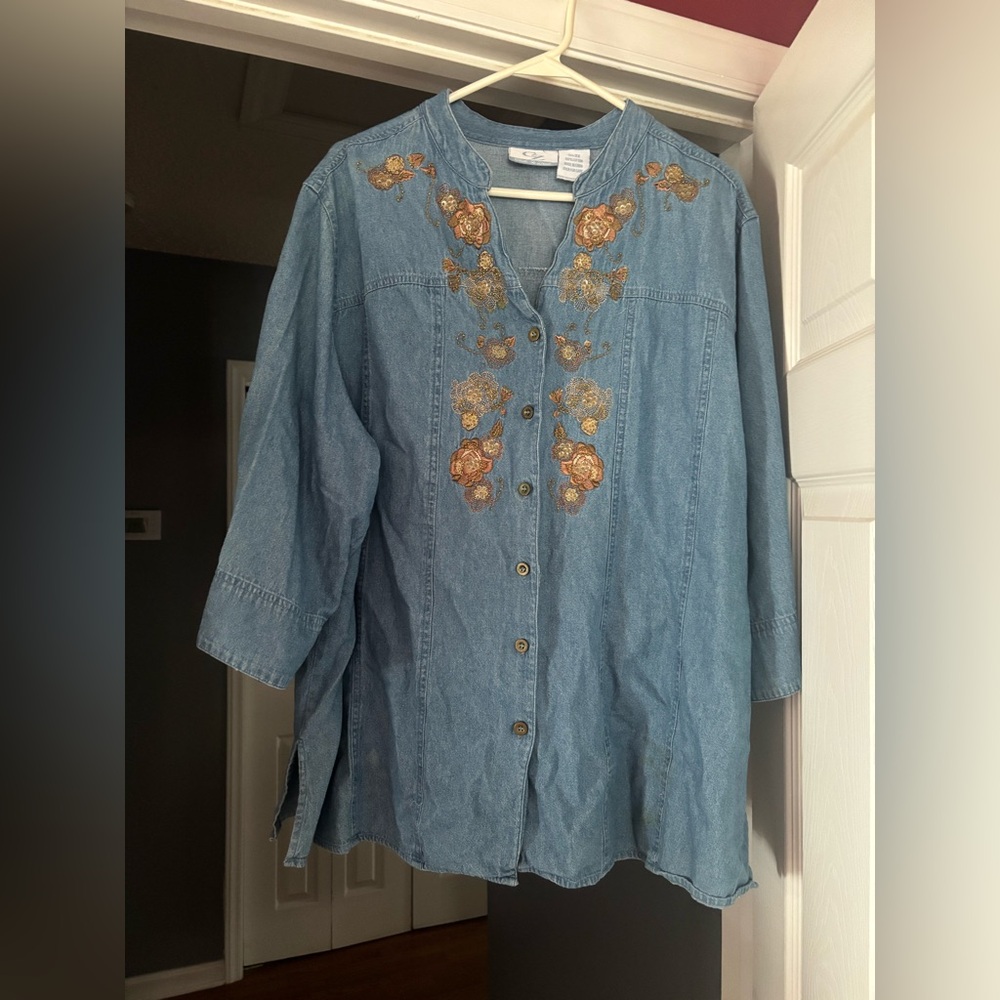 Vintage Plus Sized Embroidered Denim Shirt